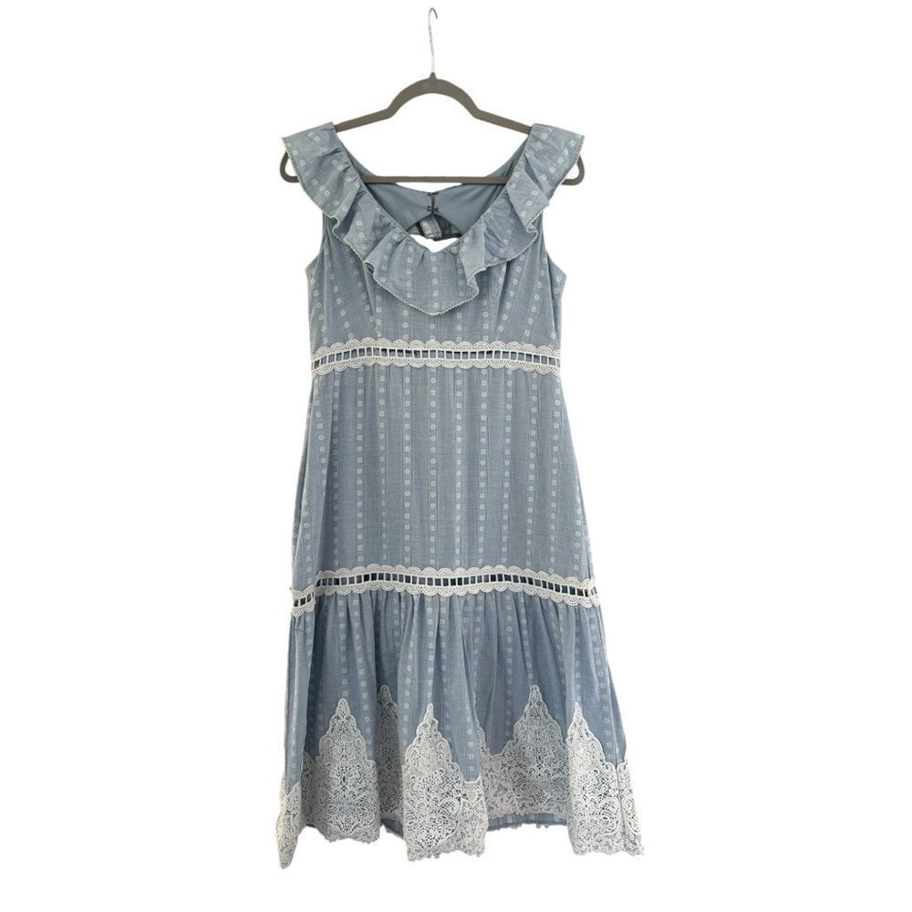 Jax Black Label Women's Blue White Ruffle Neck Sleeveless A-Line Dress Size 8
